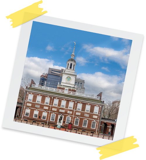 Independence Hall photograph with tape holding it up.