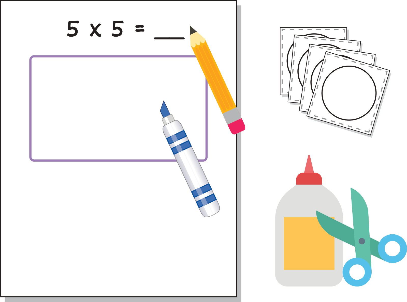 paper, pencil, marker, piece of paper, scissors, glue