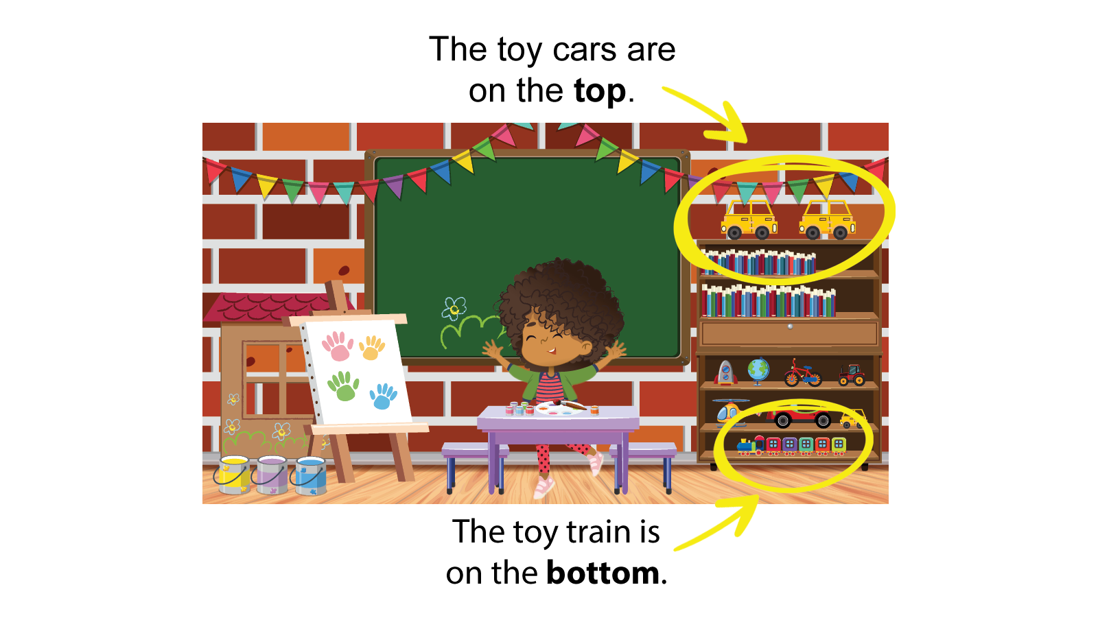 The toy cars are on the top. The toy train is on the bottom.