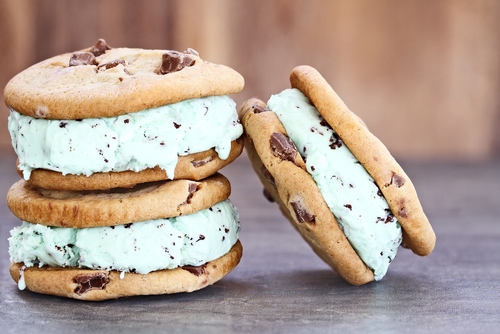Chocolate chip mint ice cream cookie sandwiches.