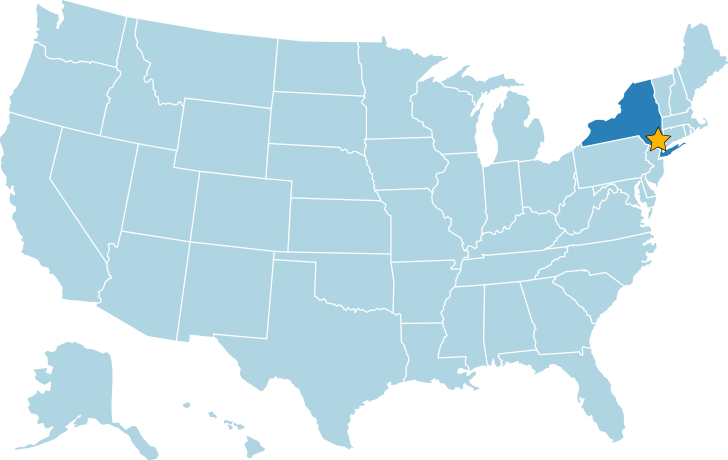 Map of the United States with New York highlighted. A star marks the location of New Netherland.