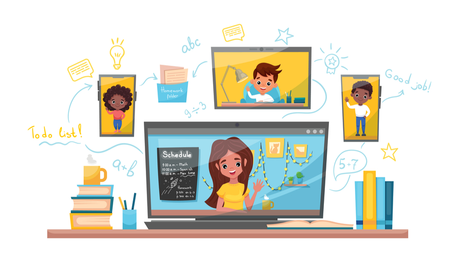 students and teacher in a virtual classroom