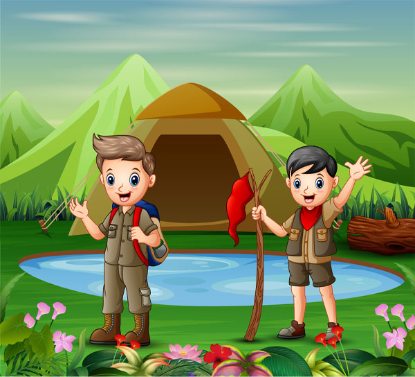Two boys in camping uniform exploring