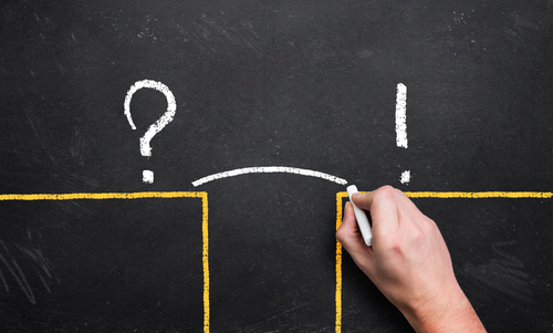 man sketching a bridge over the gap between problem and solution