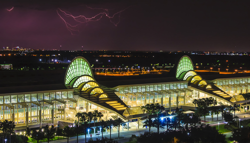 ORLANDO - JUNE 6: Lighting strikes captured on the night of June 6, 2012 over the Orange County Convention Center in Orlando, Florida.