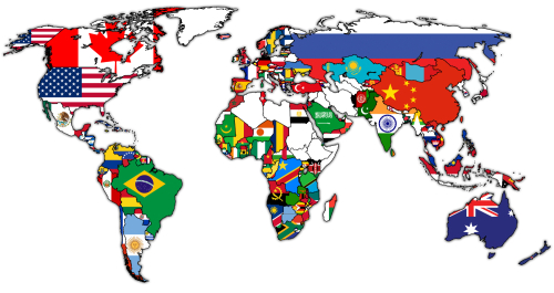 World Trade Organization member countries flags on world map with national borders