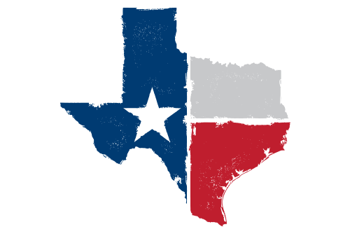 Outline of Texas with flag in the center.