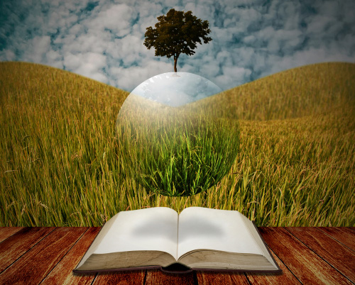 A book on a table a sphere, a tree, fields of grass and clouds in the background