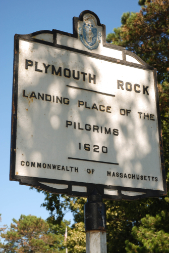 Plymouth, Massachusetts - September 2008: Close up of a sign marking the landing place of the Pilgrims in 1620