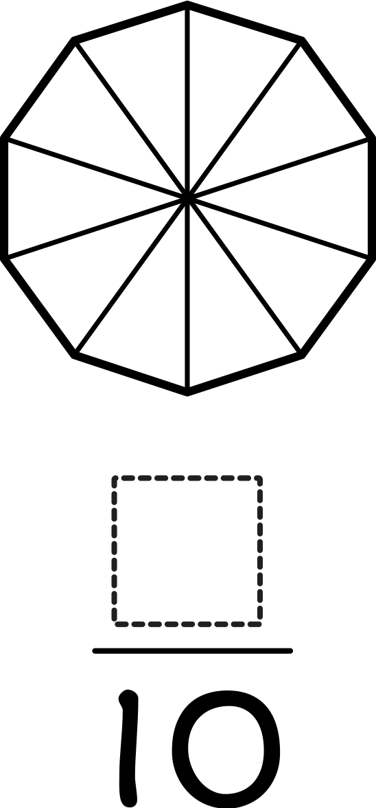 Decagon partitioned into 10 equal parts. Fraction: blank over 10.