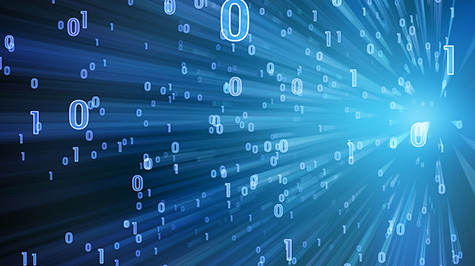 a depiction of the transfer of data with flying ones and zeroes