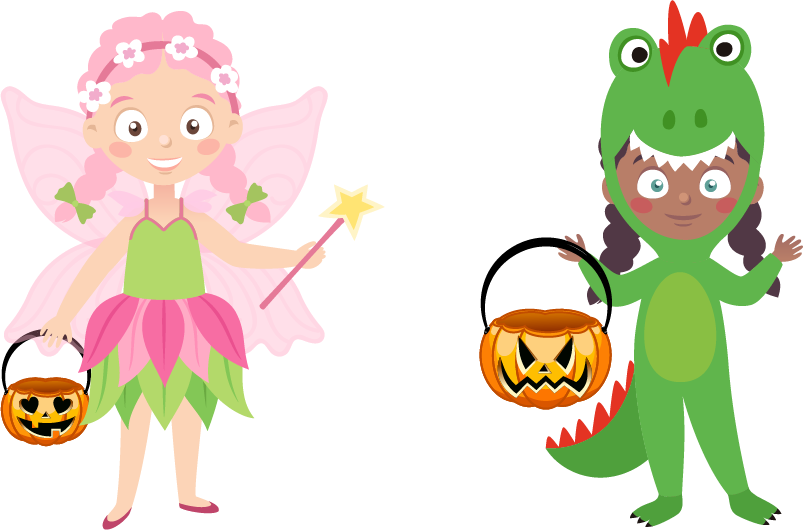2 children in halloween costumes, who both have halloween candy buckets.