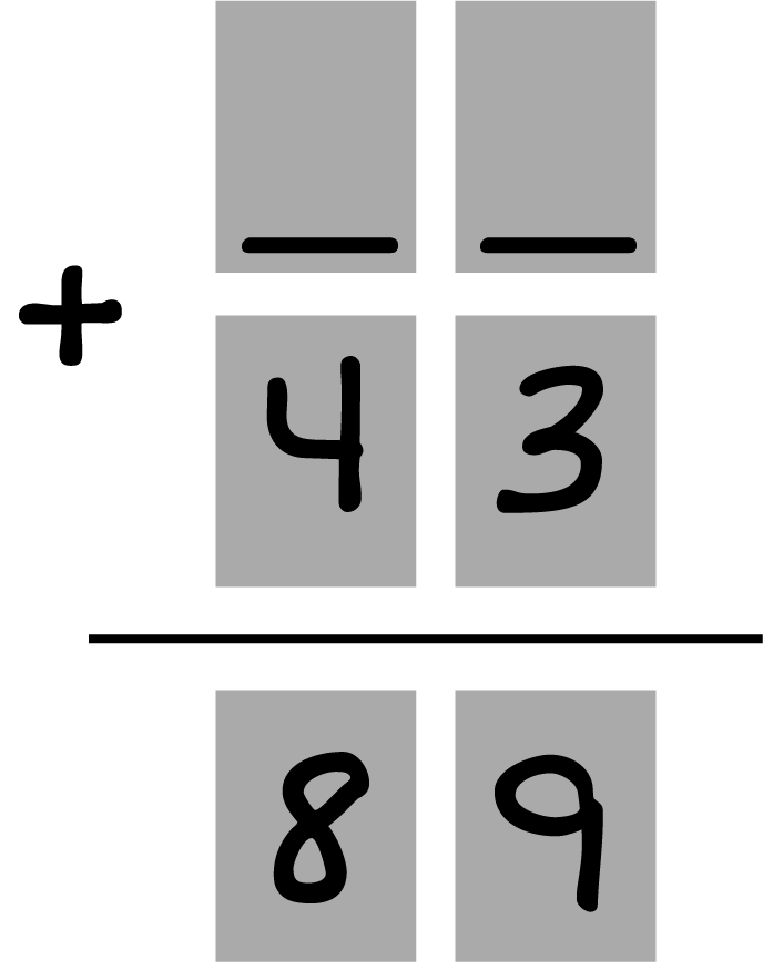 2 grey boxes + 2 grey boxes, with the numbers 4 and 3 inside them = 2 grey boxes, with the numbers 8 and 9 inside of them.
