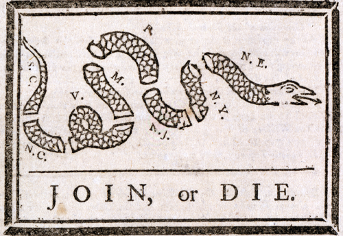 The American Revolution, Join or die, Benjamin Franklin's warning to the British colonies in America, from The Pennsylvania Gazette, by Benjamin Franklin