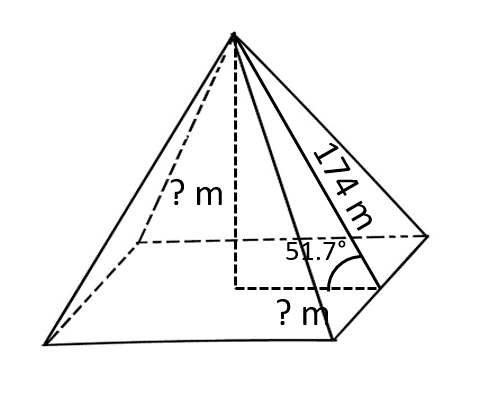 a pyramid with slant height of 174 meters at an angle of 51.7°