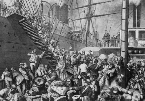 German emigrants for New York embarking on a Hamburg steamer in 1874. German emigration to the Americas continued throughout the 19th and early 20th century.