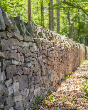 Looking down an intact stone wall.