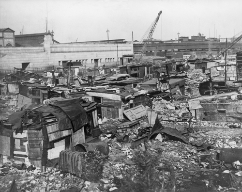 Great Depression Hooverville in lower Manhattan. 1932.