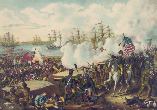 This painting shows General Andrew Jackson commanding U.S. troops in the Battle of New Orleans. The British troops marched into American fire from a fortified line on January 8, 1815.