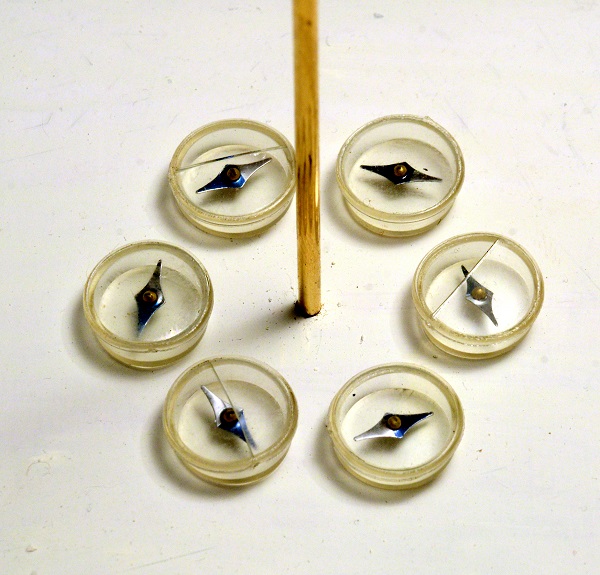 The compass needles align to the field generated by the current. Black on the compass needles is north pole.