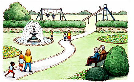 Scene in a park with people walking on a footpath and seated on a bench