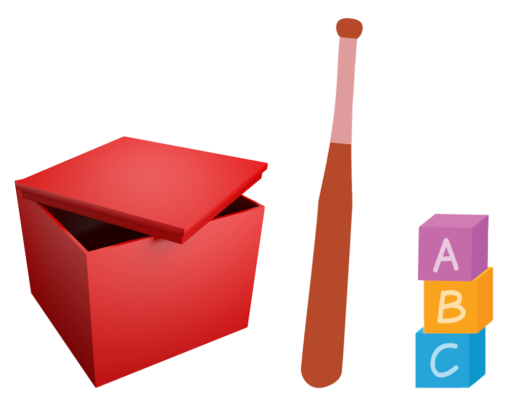 toy box, baseball bat, and a stack of three toy blocks
