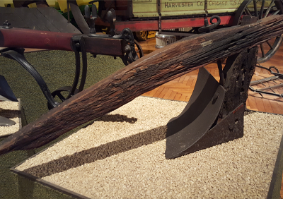 An early John Deere plow, made in Grand Detour, Illinois, around 1845, is displayed at The Henry Ford Museum in Dearborn, Michigan.