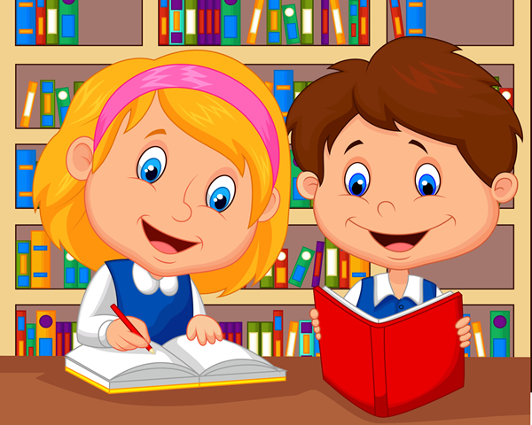 two kids at school, one is writing and one is reading