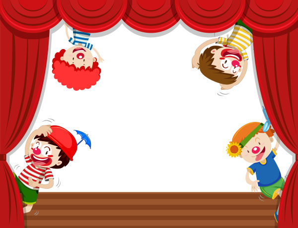 stage with clowns hiding behind curtains