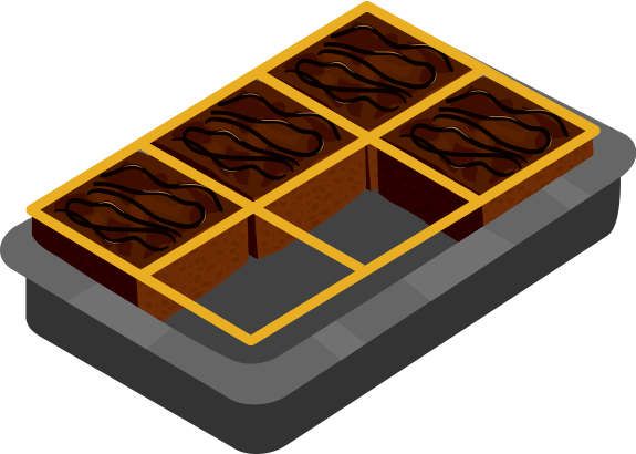 pan of brownies with 4 brownies and 2 empty spaces