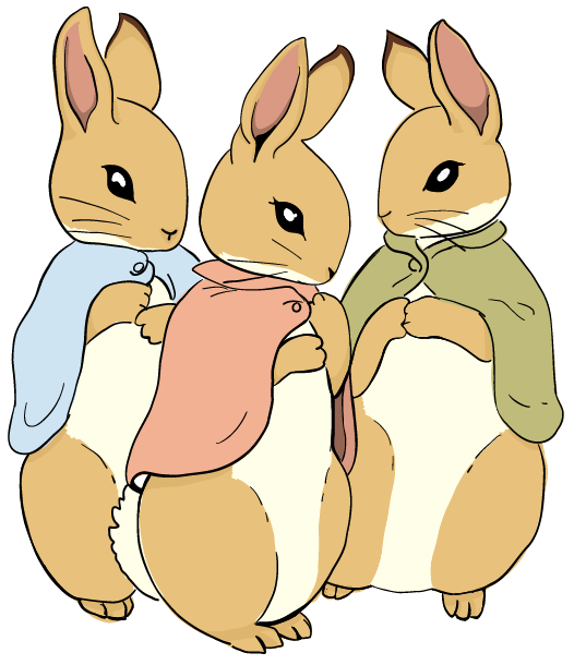 three rabbits together each in a different colored cape.