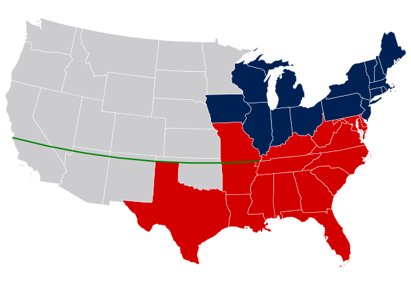 This map shows states' views on slavery as of 1850. The states that prohibited slavery are in blue, and the states that allowed it are in red. The green line represents the 36°30'N parallel, or the Missouri Compromise Line; slavery was banned in areas north of the line.