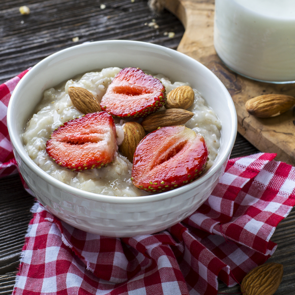 Oatmeal with nuts and strawberries: Enter key opens full-screen view with caption; escape key exits full screen.