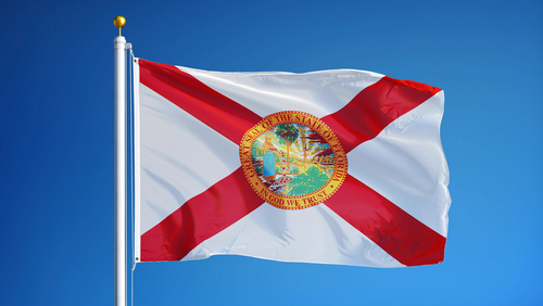 Florida (U.S. state) flag waving against clear blue sky.