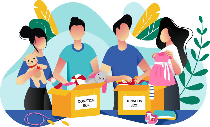 Teenagers next to toy donations.