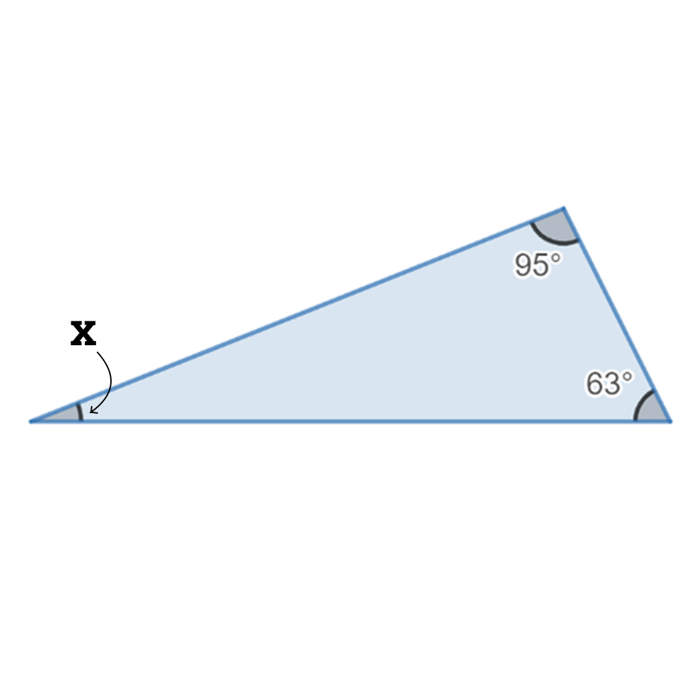 A scalene triangle with one angle labeled 95 degrees, another angle labelled 63 degrees, and another angle labelled x.
