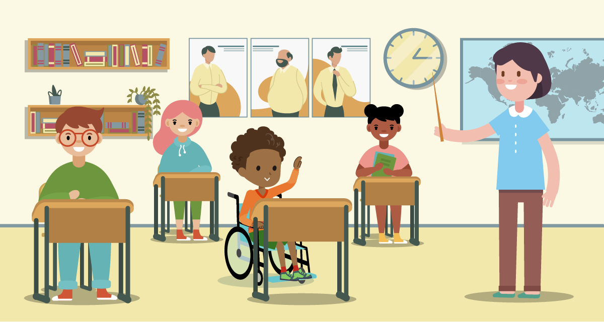 A classroom with Caleb and his friends. The teacher is teaching a class.