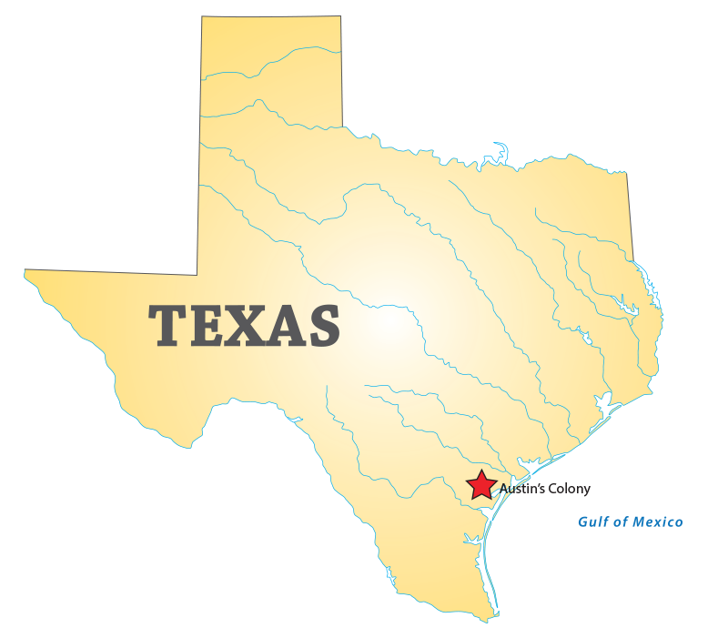 Map of Texas with Austin's Colony starred.