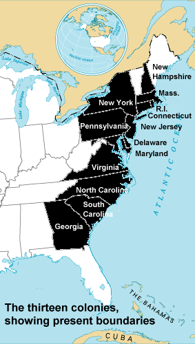 the thirteen colonies showing present boundaries