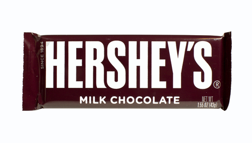 A single Hershey's Chocolate bar. Hershey's is the largest chocolate manufacturer in North America.