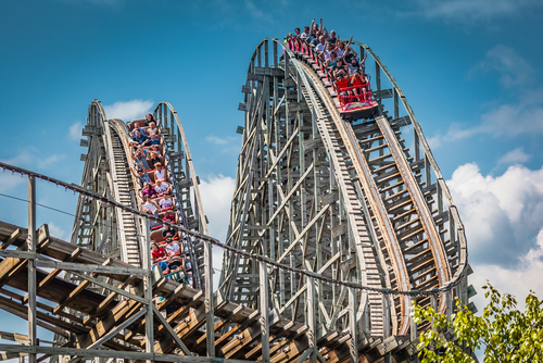 Hershey, PA - June 24, 2011: The Lightning Racer is a wooden, double-track dueling roller coaster in Hersheypark.