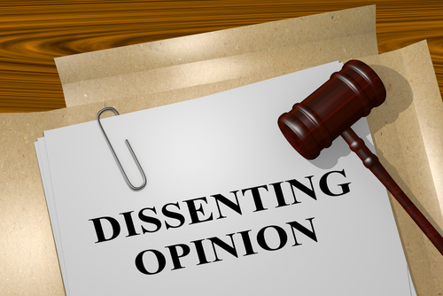 3D illustration of 'DISSENTING OPINION' title on legal document