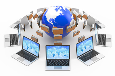 concept image of folders going from computers to the world wide web