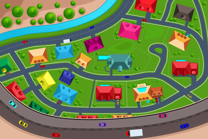 A vector illustration of houses in suburban viewed from above
