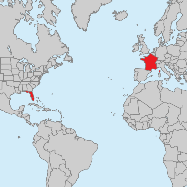 World map with Florida and France highlighted.
