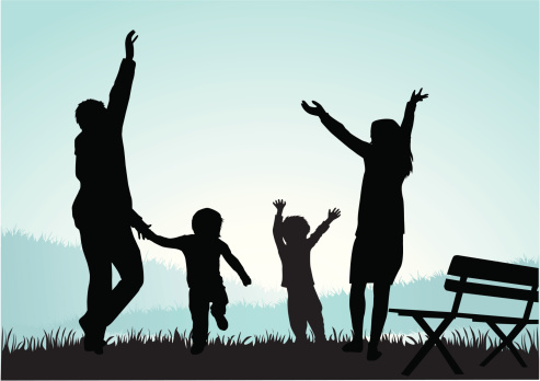 family jumping and happy