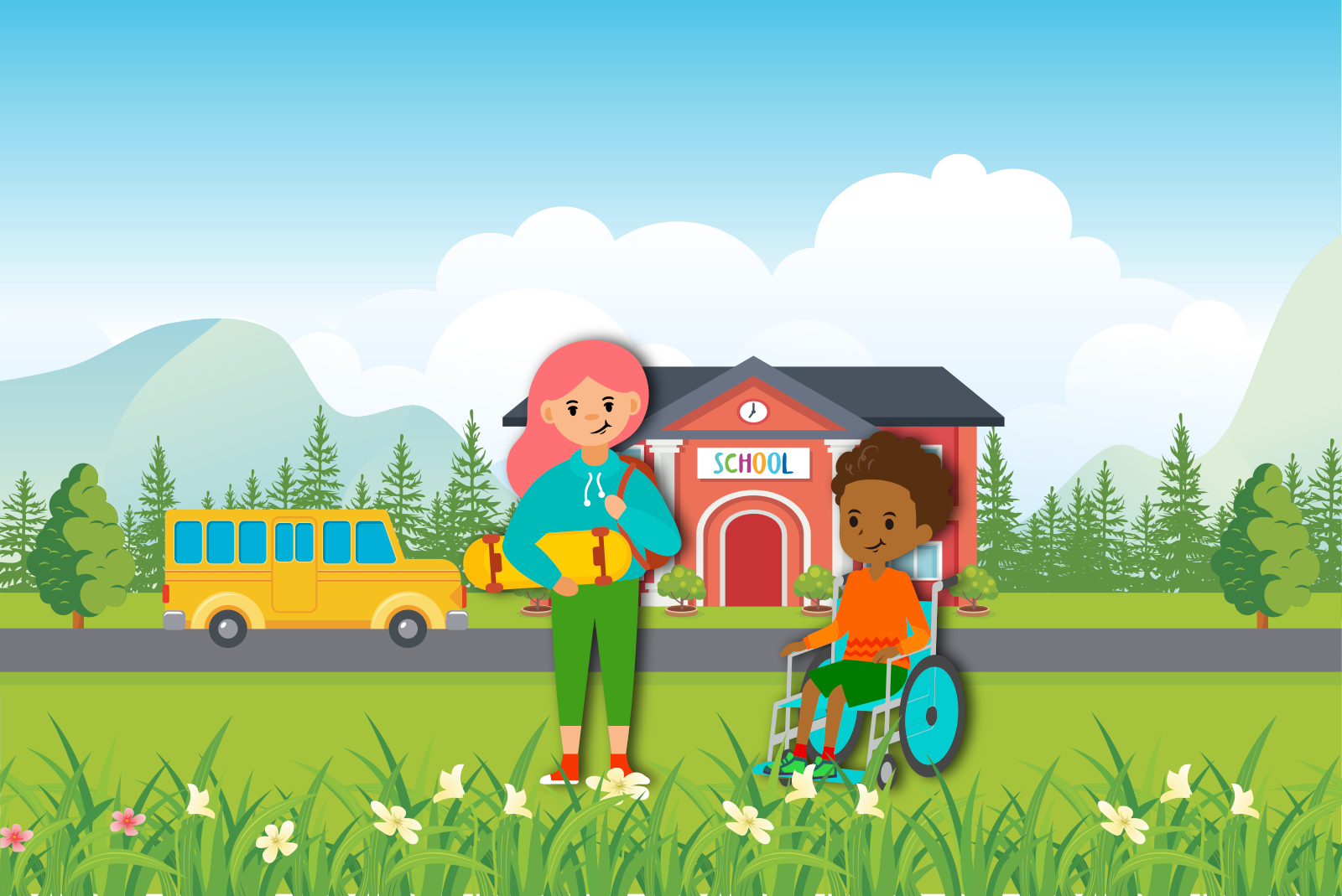 Caleb and Madelyn in front of their school