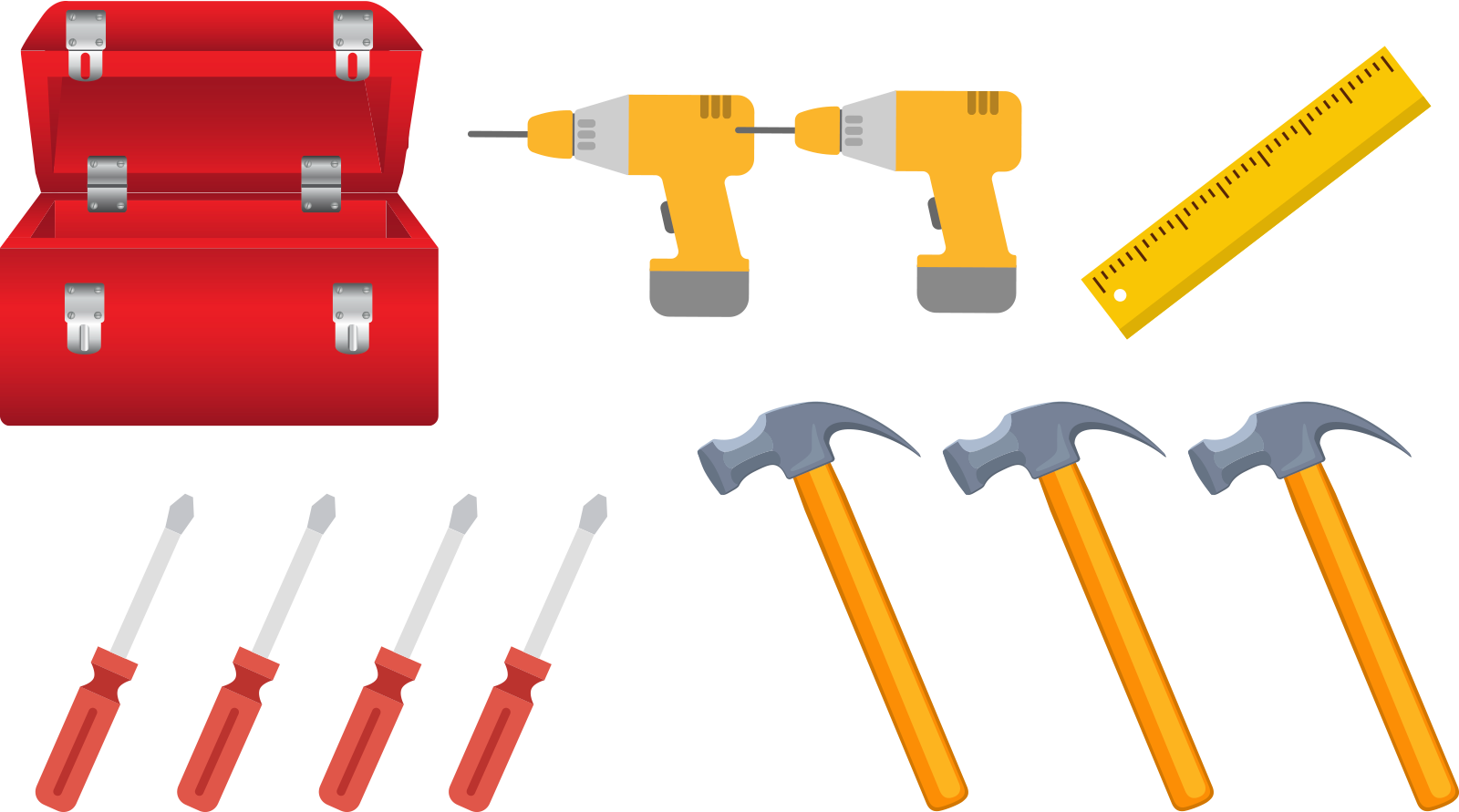 Toolbox, 2 drills, 3 hammers, 4 screwdrivers, 1 ruler.