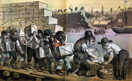 An 1882 chromolithograph represents the Chinese Exclusion Act by showing laborers building a wall against the Chinese.