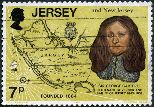 MOSCOW, RUSSIA - APRIL 16, 2020: A stamp printed in Jersey shows Sir George Carteret (1771-1847), old map of New Jersey, US Bicentennial, 1976